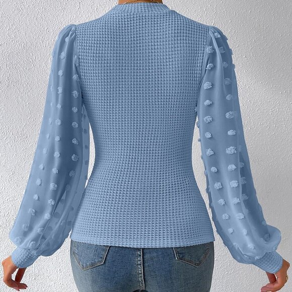 Blue Elegant Women's Swiss Dot Lantern Sleeve Mock Neck Tee - Picture 3 of 7